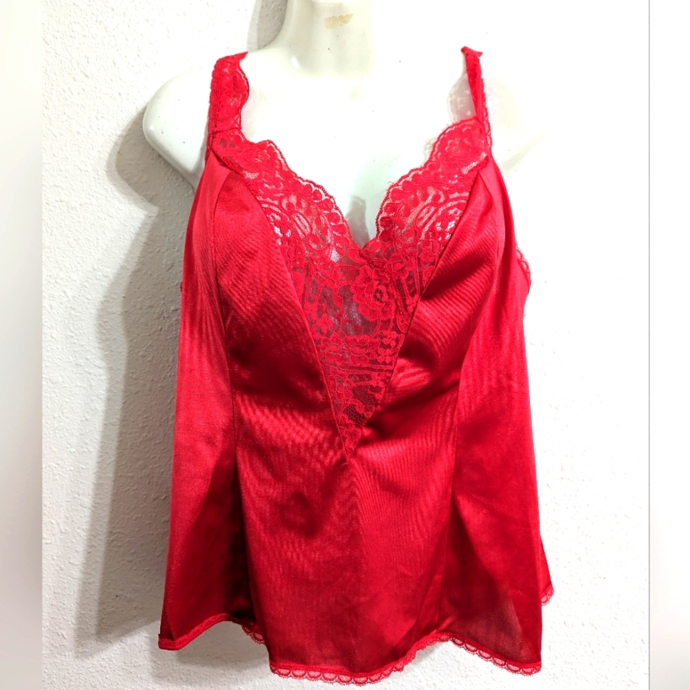 V I N T A G E:: Adonna Red VNeck Lace Nylon Camisole - Picture 5 of 8
